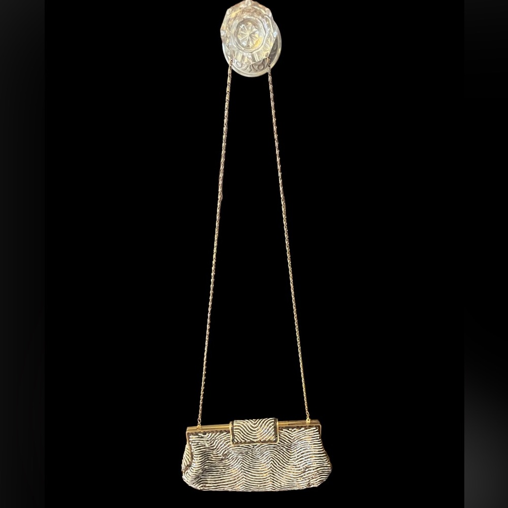 Bronze and white sequin evening clutch with crossbody chain